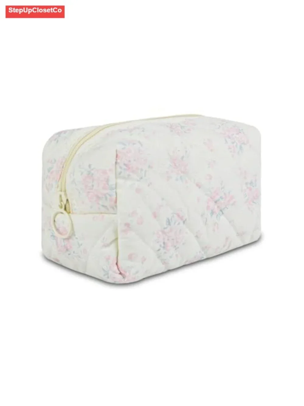 Quilted Cotton Makeup Pouch Puffy Cosmetic Bag with Cute Floral Pattern, Travel